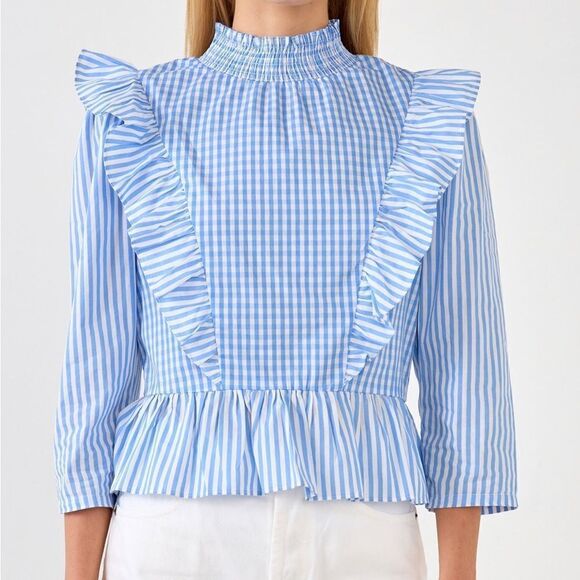 EUC English Factory Gingham Check & Stripe Mixed Blouse Size Medium - Picture 2 of 10